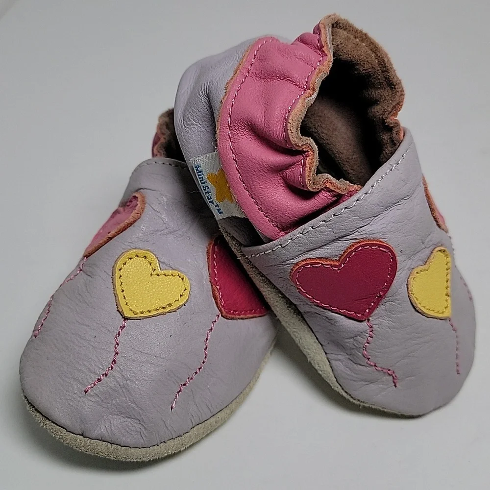 MiniStar Booties Moccasin Shoes Infant Baby Toddler Leather Hearts Purple Pink S